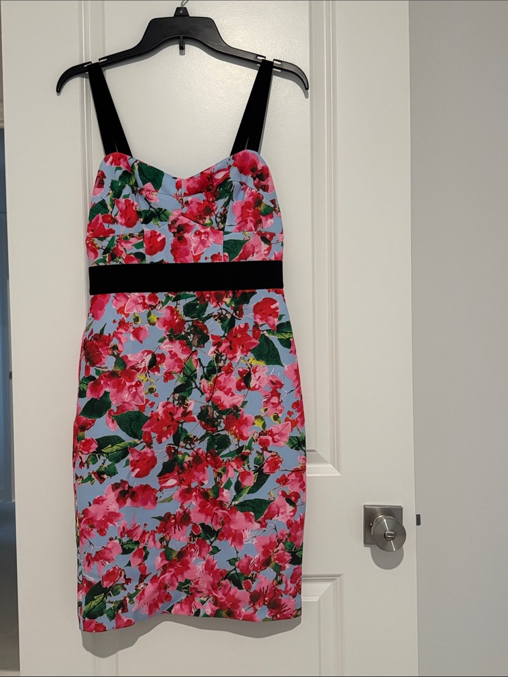 Pink Floral Midi Sheath Dress with Black Accents